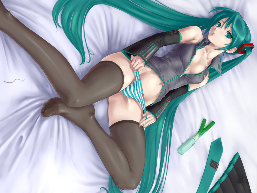 aqua_nails bed black_legwear green_eyes green_hair hatsune_miku highres legs long_hair long_legs nail_polish necktie panties rasukaru solo striped striped_panties thighhighs thighs twintails underwear very_long_hair vocaloid