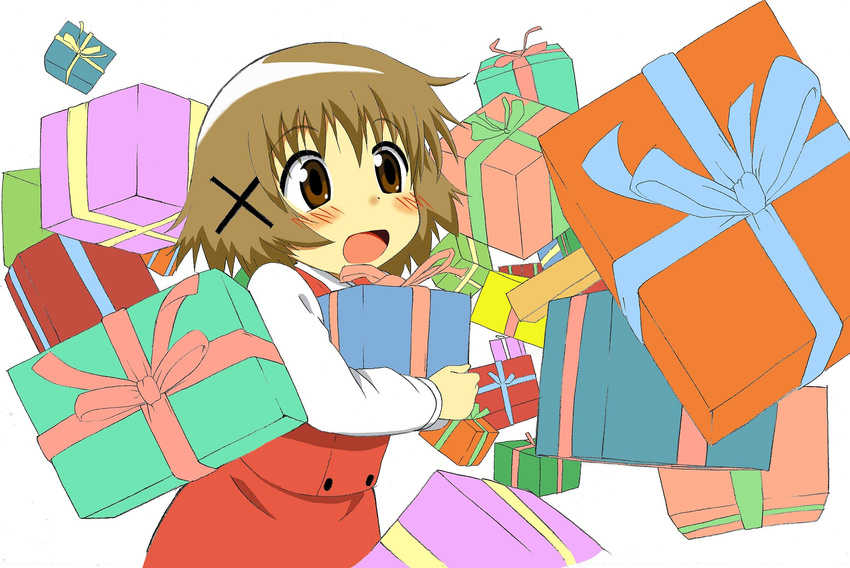 blush brown_eyes brown_hair gift hair_ornament hairpin hidamari_sketch highres kiyukiyutan open_mouth present school_uniform serafuku short_hair simple_background yuno