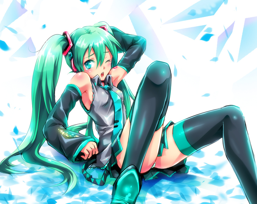 armpits bare_shoulders black_skirt boots detached_sleeves green_eyes green_hair hatsune_miku long_hair miniskirt necktie nyamako one_eye_closed open_mouth panties pantyshot pantyshot_(sitting) pleated_skirt sitting skirt solo striped striped_panties thigh_boots thighhighs twintails underwear very_long_hair vocaloid