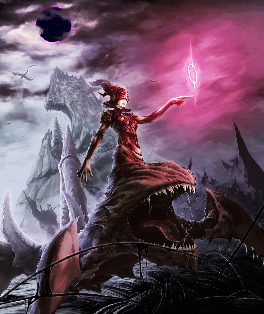 armor black_sun cloud cloudy_sky highres horns magic:_the_gathering monster_girl mountain open_mouth pauldrons saliva sheoldred_whispering_one sky solo sun tongue un