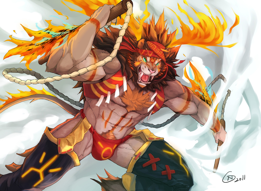 bandanna bulge clothed clothing facial_markings feline fire fundoshi green_eyes lion male mammal markings midriff muscles navel null-ghost open_mouth sharp_teeth skimpy smoke solo stick tattoo teeth underwear