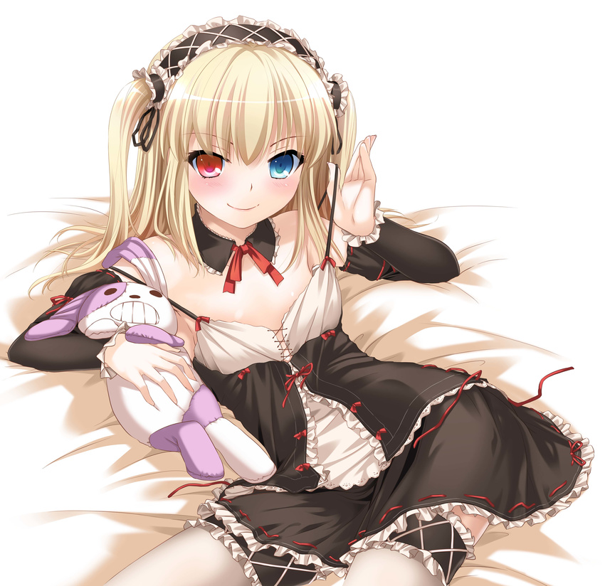 absurdres bad_id bad_pixiv_id blonde_hair blue_eyes blush boku_wa_tomodachi_ga_sukunai detached_collar detached_sleeves dress gothic_lolita grey_legwear hair_ornament hairband hasegawa_kobato heterochromia highres lolita_fashion lolita_hairband long_hair looking_at_viewer nakajima_yuka red_eyes sitting smile solo stuffed_animal stuffed_bunny stuffed_toy thighhighs two_side_up