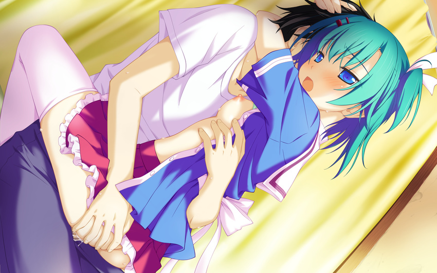 blue_eyes blush breasts censored game_cg green_hair gt irotoridori_no_sekai nipples sex short_hair toumine_tsukasa wet