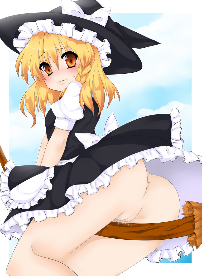 anus ass bad_id bad_pixiv_id blonde_hair blush bow braid broom brown_eyes error from_below hat highres kirisame_marisa no_panties pussy pussy_juice side_braid solo sweatdrop tiny_anus touhou uncensored witch_hat yami_nabe