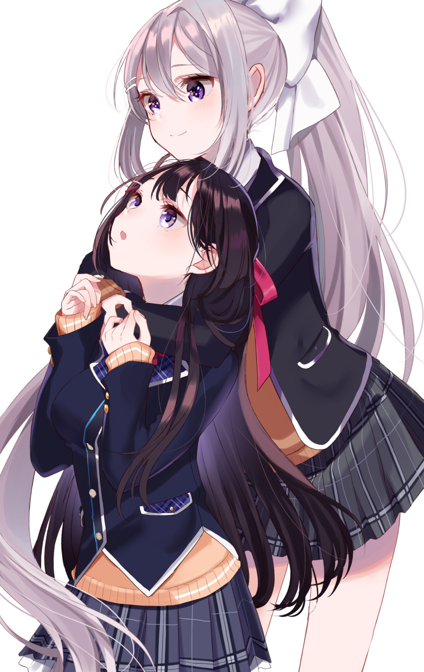2girls :o bangs black_jacket blazer blush bow brown_hair brown_sweater closed_mouth eyebrows_visible_through_hair grey_skirt hair_between_eyes hair_bow hair_ornament hairclip hands_up highres higuchi_kaede jacket long_hair long_sleeves misumi_(macaroni) multiple_girls nijisanji open_blazer open_clothes open_jacket parted_lips plaid plaid_skirt pleated_skirt ponytail purple_eyes sidelocks silver_hair simple_background skirt sleeves_past_wrists smile sweater tsukino_mito very_long_hair virtual_youtuber white_background white_bow