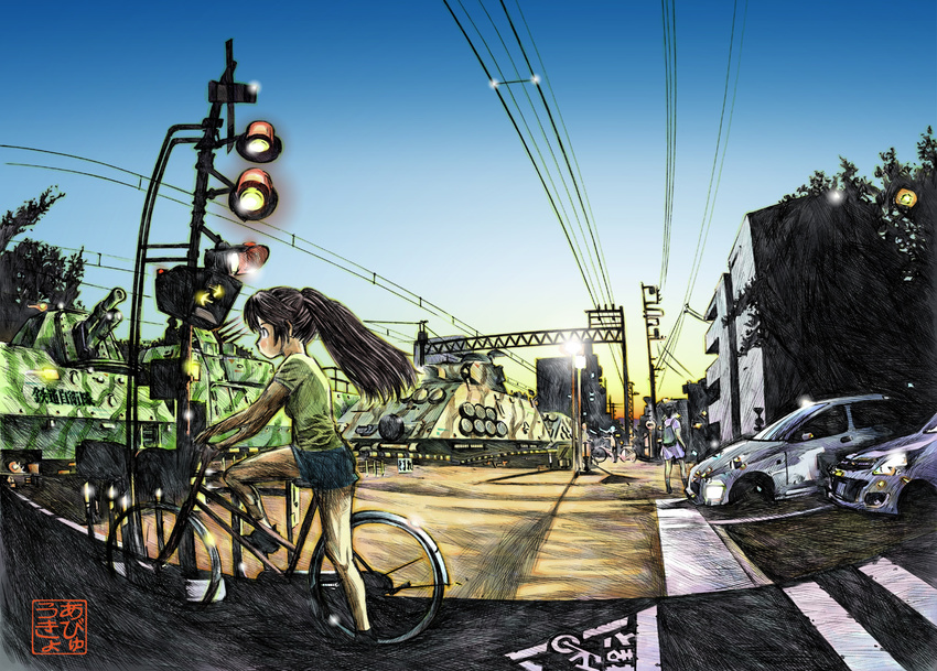 abyuukyo_(abyukyo) bicycle car commentary_request fisheye ground_vehicle highres md5_mismatch military motor_vehicle multiple_girls original overhead_line power_lines railroad_crossing real_world_location shorts signature tokyo_(city) train twintails