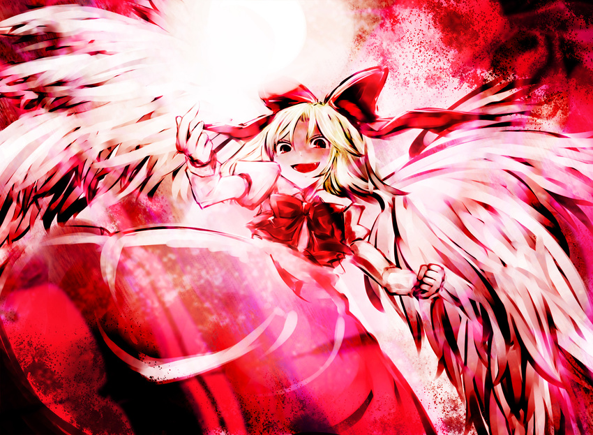 angel_wings blonde_hair bow crazy fangs gengetsu hair_bow highres mr.milk_caramel red red_bow short_hair solo touhou touhou_(pc-98) wings