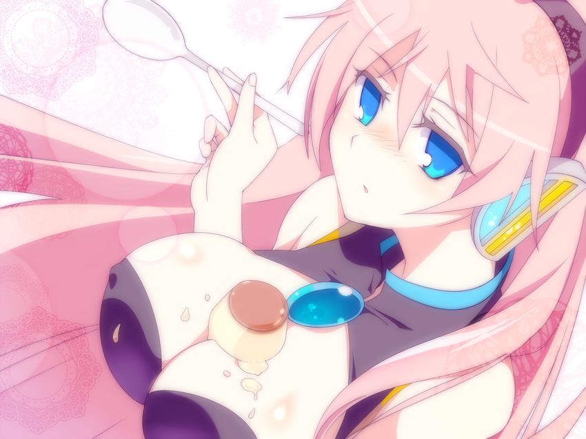 bad_id bad_pixiv_id between_breasts blue_eyes blush breasts food funamushi_nomore headphones large_breasts long_hair looking_at_viewer megurine_luka pink_hair pudding solo spoon vocaloid