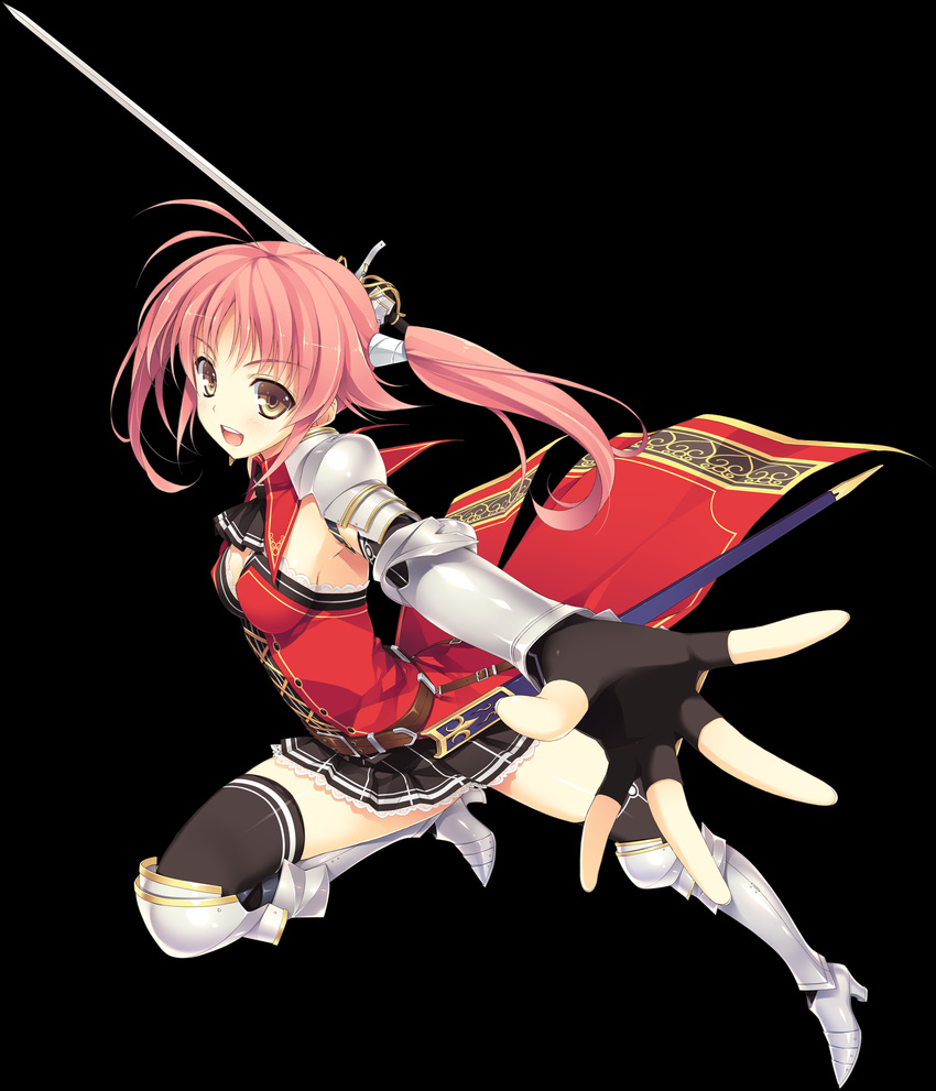 :d absurdres armor ascot belt black_background black_legwear fingerless_gloves gloves greaves highres image_sample kazama_akari koikishi_purely_kiss long_hair looking_at_viewer no_bra open_mouth outstretched_arm pink_hair scabbard sheath smile solo sword thighhighs weapon yandere_sample yellow_eyes yuuki_hagure