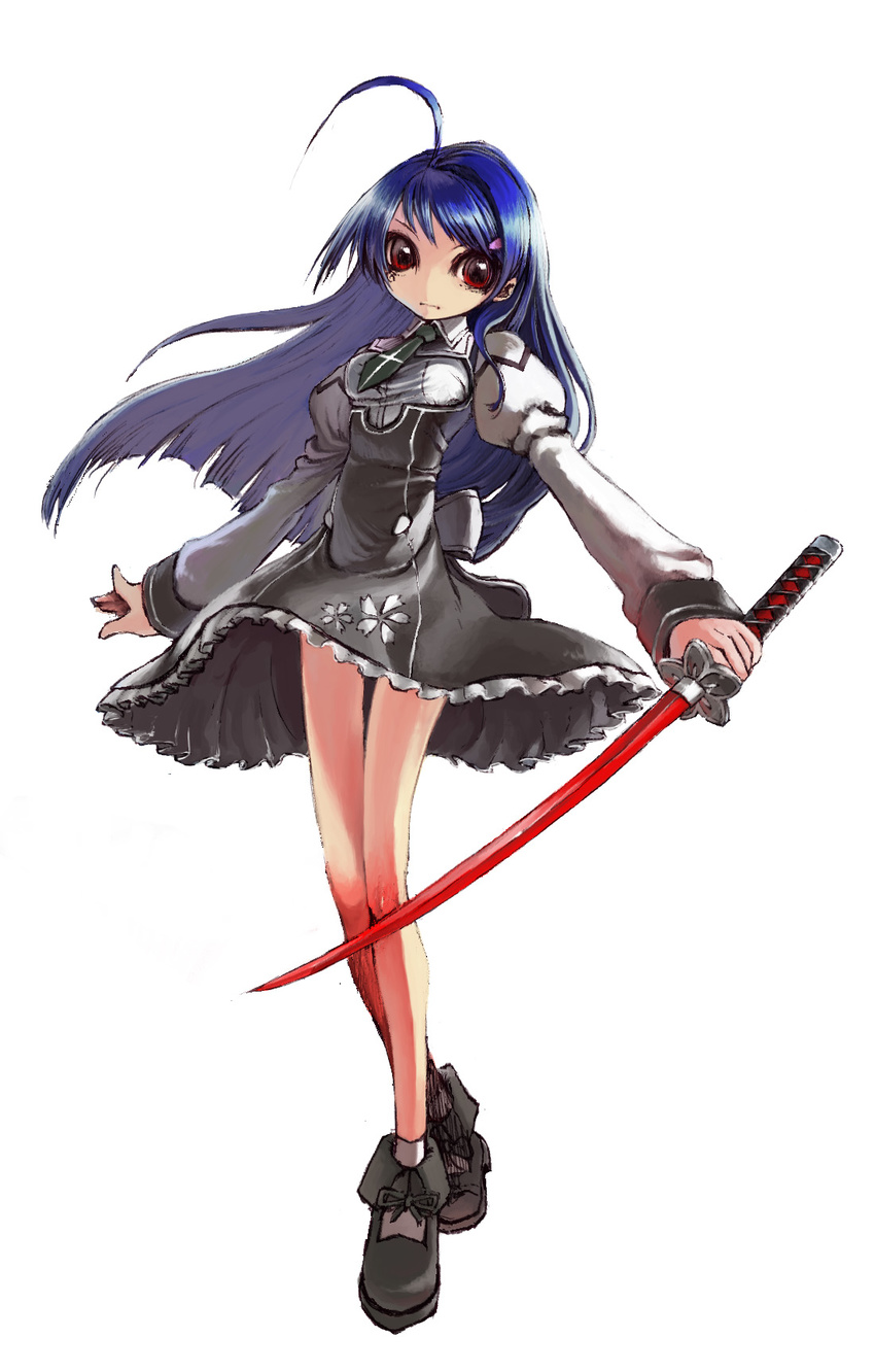 ahoge ankle_boots bad_id bad_pixiv_id blue_hair boots facepaint highres katana koba_(kou-beyond-the-bounds) long_hair mitonoya_saki necktie red_eyes school_uniform sketch solo sword vanguard_princess weapon