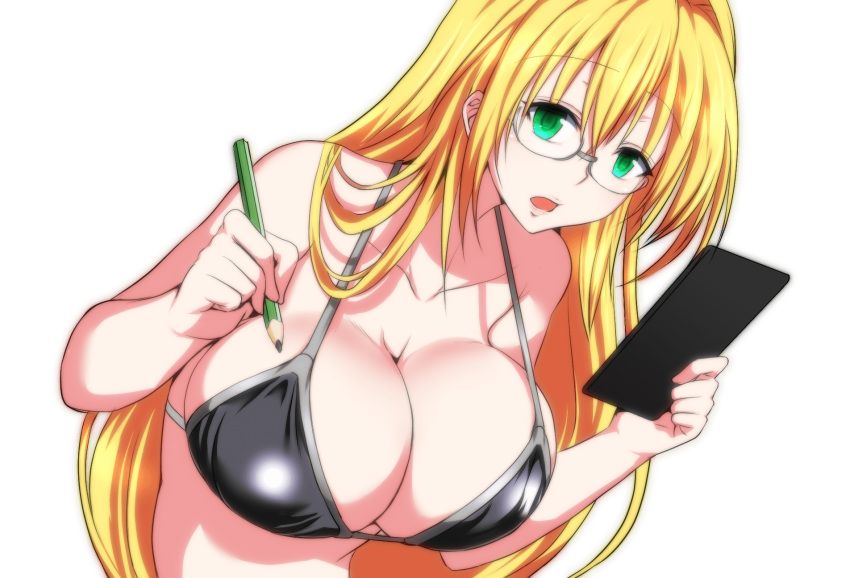 1girl bare_arms bare_shoulders bikini bikini_top black_bikini blonde_hair blush breasts cleavage game_cg glasses green_eyes highres holding large_breasts long_hair looking_at_viewer nuko_majin open_mouth pencil simple_background solo swimsuit tearju_lunatique to_love-ru to_love-ru_darkness transparent_background upper_body