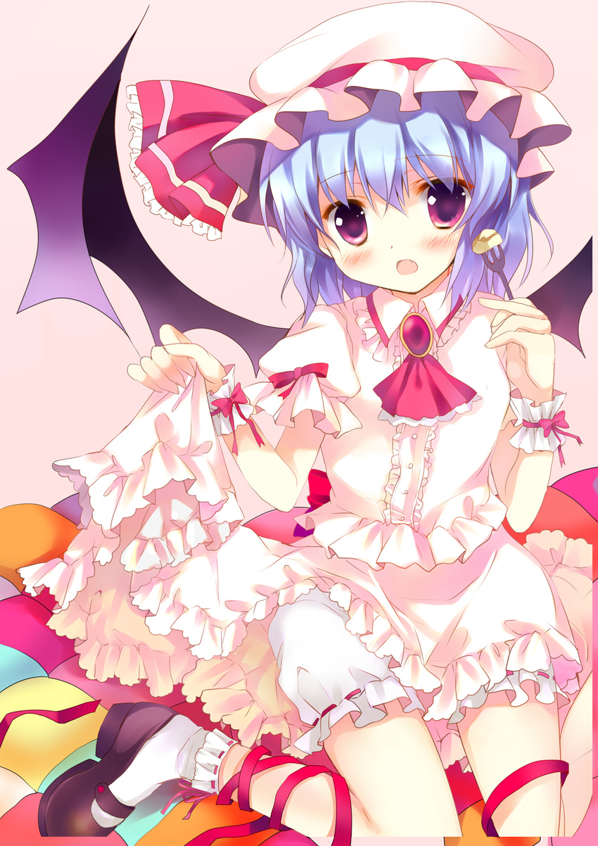 absurdres azumi_kazuki bat_wings blue_hair blush brooch dress dress_lift fang food fork frills hat highres jewelry looking_at_viewer mary_janes open_mouth remilia_scarlet shoes short_hair simple_background sitting solo touhou wings wrist_cuffs