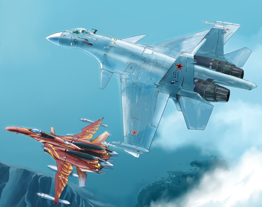 airplane anti-u.n. canards cloud day fighter_jet flying inui_(jt1116) jet macross macross_zero mecha military military_vehicle missile mountain no_humans nora_polyansky russian science_fiction shore su-37 sv-51 variable_fighter