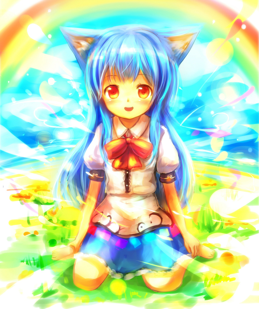 animal_ears barefoot blue_eyes cat cat_ears highres hinanawi_tenshi kemonomimi_mode long_hair rainbow red_eyes sakura_ani sitting solo touhou wariza