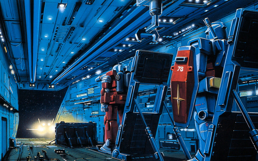 core_fighter earth_federation engineer guncannon gundam hangar highres launching mecha mobile_suit_gundam no_humans official_art oldschool ookawara_kunio production_art rx-78-2 science_fiction shield space space_craft white_base