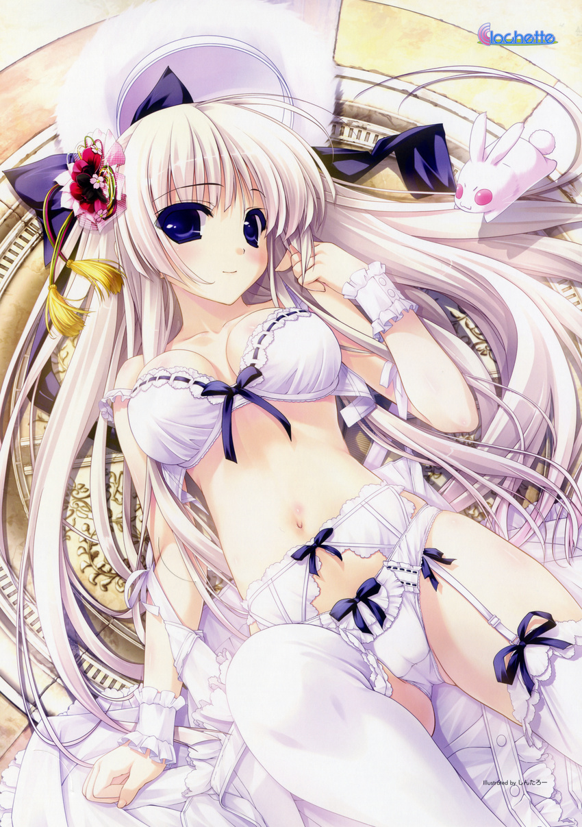 1girl absurdres aina_ashwin bare_shoulders bow bow_panties bra breasts bunny dress garter_belt hair_bow hair_ornament highres lace lace-trimmed_thighhighs light_smile lingerie long_hair lying navel on_back original panties prism_recollection! purple_eyes shintaro shintarou solo strap_slip thighhighs underwear underwear_only white_bra white_hair white_legwear white_panties wrist_cuffs