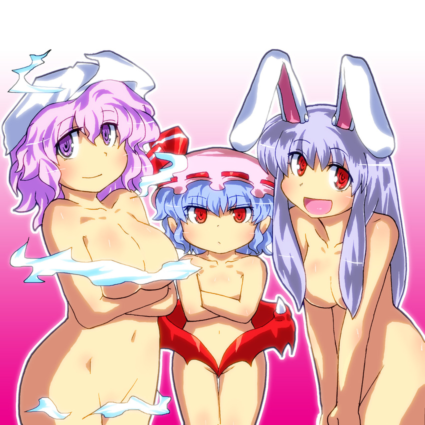 animal_ears breasts bunny_ears cleavage collarbone commentary_request covering covering_crotch crossed_arms flat_chest gomi_ichigo groin hair_over_breasts hat highres large_breasts letty_whiterock long_hair multiple_girls navel nude open_mouth purple_eyes purple_hair red_eyes reisen_udongein_inaba remilia_scarlet short_hair smile take_your_pick touhou v_arms wings