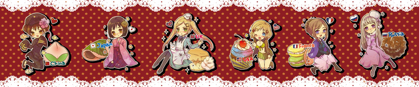 absurdres america_(hetalia) axis_powers_hetalia blonde_hair blue_eyes boots brown_eyes brown_hair china_(hetalia) crown food france_(hetalia) front-tie_top genderswap genderswap_(mtf) gloves green_eyes hair_ornament hairclip hat highres jacket japan_(hetalia) japanese_clothes jewelry kimono long_image multiple_girls necklace nurse nurse_cap one_eye_closed purple_eyes russia_(hetalia) twintails united_kingdom_(hetalia) wide_image xxpolka