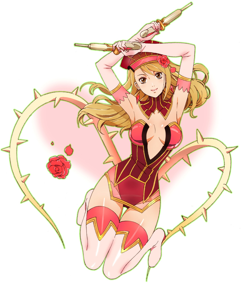 adapted_costume armpits arms_up bad_id bad_pixiv_id bare_shoulders blonde_hair blue_rose_(tiger_&amp;_bunny) boots breasts brown_eyes center_opening cleavage crossed_arms crystal_earrings dual_wielding earrings elbow_gloves flower gloves gun hair_flower hair_ornament hat heart highres holding jewelry karina_lyle lipstick long_hair looking_at_viewer makeup medium_breasts pink red_flower red_rose rose smile solo spandex superhero thigh_boots thighhighs tiger_&amp;_bunny umishima_senbon weapon