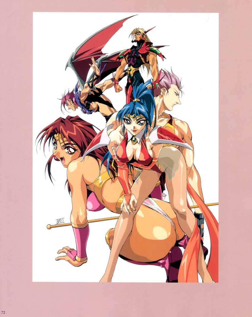 3boys 90s :d abs all_fours armor artbook ass back bare_shoulders bat_wings belt bent_over blue_eyes blue_hair boots border bow breast_hold breasts breasts_apart bridal_gauntlets brown_eyes brown_legwear choujin_gakuen_gowcaizer circlet cleavage clenched_hand covered_nipples earrings facial_mark fang fingerless_gloves fingernails frown gem gloves gowcaizer groin hair_ornament hand_on_thigh hellstinger high_ponytail highleg highleg_leotard highres hishizaki_shaia_(gowcaizer) jewelry kaiza_isato kash_gyustan large_breasts legs leotard lips lipstick long_fingernails long_hair long_legs looking_at_viewer looking_away looking_back magical_girl makeup miniskirt multiple_boys multiple_girls muscle nail_polish no_bra official_art oobari_masami open_mouth outstretched_arms panties pantyhose pauldrons pink_footwear pink_hair pink_legwear polearm ponytail purple_hair red_hair red_leotard revealing_clothes ribs sash scan shigure_kyousuke short_hair sideboob sidelocks signature simple_background skirt smile son_karin spiked_hair spread_arms tan tank_top thigh_boots thighhighs thong underwear weapon white_background wings