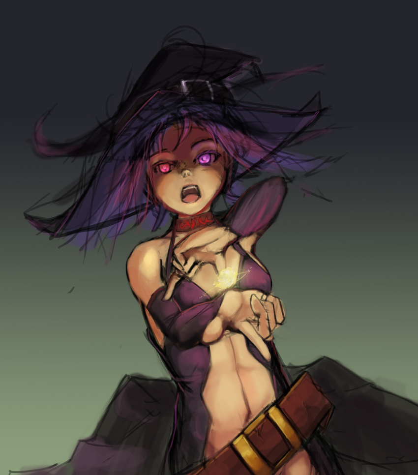 arm_warmers bare_shoulders belt choker copyright_request fireball hat highres navel purple_eyes purple_hair riftgarret solo witch witch_hat