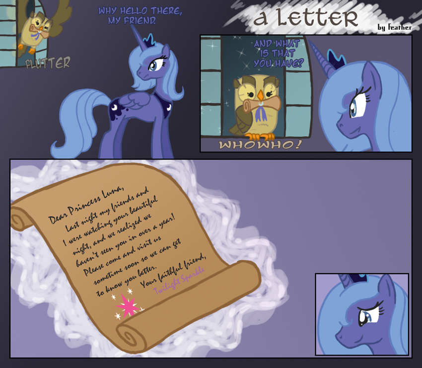 alicorn bird blue_hair comic cutie_mark english_text equine feather-chan female feral friendship_is_magic hair horn horse letter long_hair mammal my_little_pony owl owlowiscious_(mlp) pegacorn pony princess_luna_(mlp) scroll smile tail text winged_unicorn wings