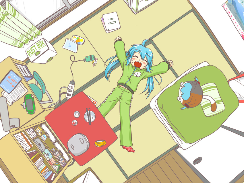 animal_costume aqua_hair arms_up blush bookshelf bowl cat_costume cellphone chair chopsticks closed_eyes curtains desk food food_on_face futon handheld_game_console happy hatsune_miku long_hair lying maruku_naru_(vocaloid) mirror nekomura_otako open_mouth phone playstation_portable poster_(object) power_strip rice rice_cooker rice_on_face room solo tatami track_suit trash_can twintails vocaloid window