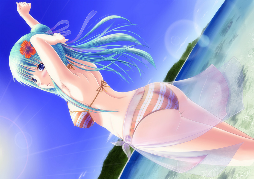 aqua_hair arm_up ass beach bikini blue_eyes day dutch_angle flower green_hair hair_flower hair_ornament harimu_ohagi hibiscus long_hair original purple_sarong sarong solo striped striped_bikini swimsuit translucent_sarong transparent twintails