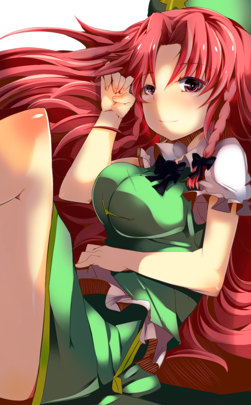 absurdres breast_squeeze breasts dress hat highres hong_meiling jyuuji large_breasts legs long_hair red_eyes red_hair smile solo star touhou
