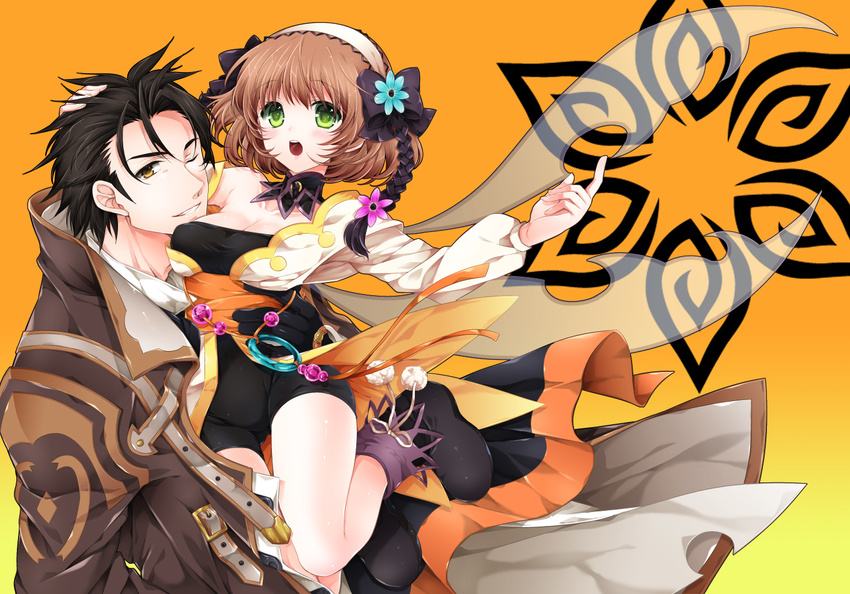 1girl :o alvin_(tales) bike_shorts black_gloves black_hair bow braid breasts brown_eyes brown_hair carrying coat couple detached_collar flower gloves green_eyes hair_flower hair_ornament hair_ribbon hairband hetero leia_rolando medium_breasts one_eye_closed open_mouth orange_background ribbon shoes short_hair shuragyoku_mami smile surprised tales_of_(series) tales_of_xillia xillia_symbol