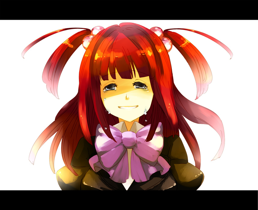 ai-wa bad_id bad_pixiv_id blue_eyes hair_bobbles hair_ornament highres letterboxed long_hair red_hair smile solo tears umineko_no_naku_koro_ni ushiromiya_ange