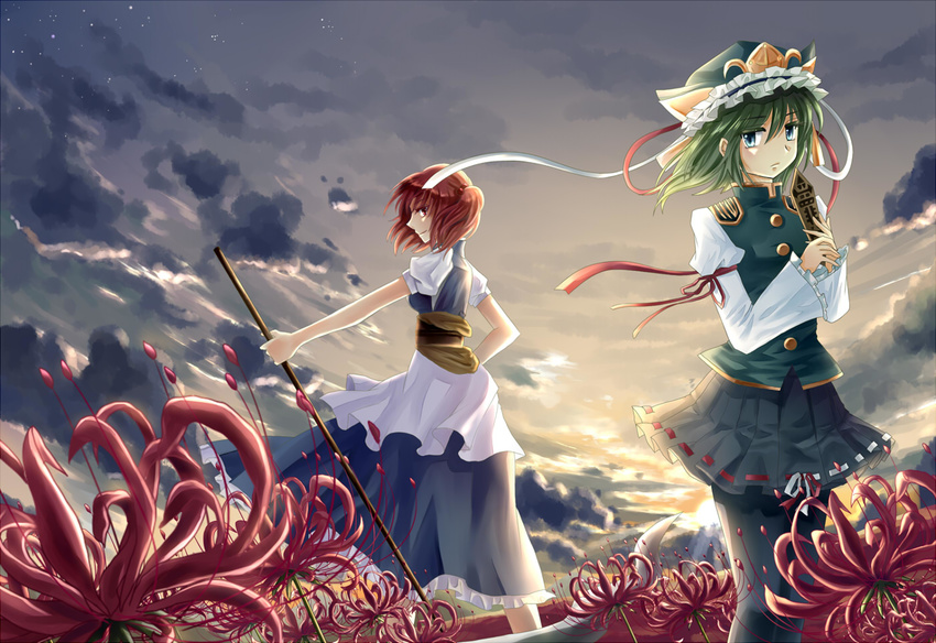 black_legwear blue_eyes flower green_hair hair_bobbles hair_ornament hat miyakure multiple_girls onozuka_komachi pantyhose red_eyes red_hair rod_of_remorse scythe shiki_eiki spider_lily touhou two_side_up