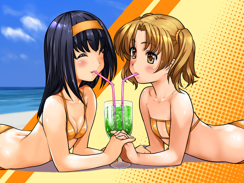 ^_^ akiba_youko bikini blush breasts brown_eyes brown_hair cleavage closed_eyes couple drink fang fingernails flat_chest hairband hands highres holding_hands ice ice_cube interlocked_fingers kamia_(not_found) kurumi_mayu lying melon_soda multiple_girls ocean on_stomach original short_twintails small_breasts swimsuit twintails yuri