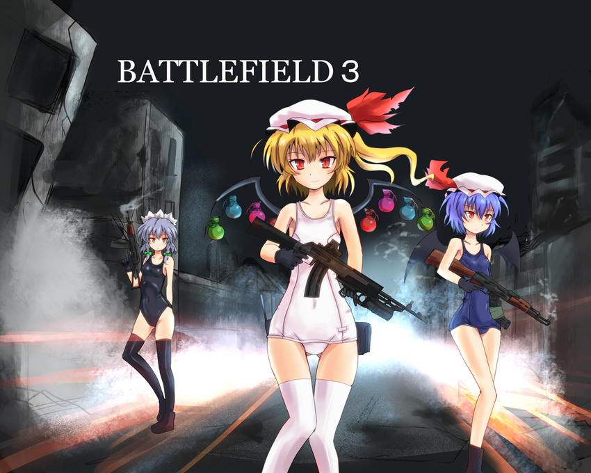 ak-47 aks-74u an-94 assault_rifle bad_id bad_pixiv_id battlefield_(series) battlefield_3 black_legwear blonde_hair blue_hair braid explosive flandre_scarlet gp-25 grenade grenade_launcher gun hat izayoi_sakuya multiple_girls one-piece_swimsuit parody red_eyes remilia_scarlet rifle school_swimsuit short_hair side_ponytail sumapan swimsuit thighhighs touhou twin_braids underbarrel_grenade_launcher weapon white_legwear