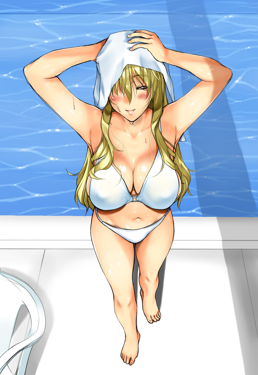 barefoot bikini blonde_hair blush breasts cleavage closed_eyes collarbone highres kamia_(not_found) large_breasts long_hair navel original pool poolside smile solo sugino_miyo swimsuit towel towel_on_head wet