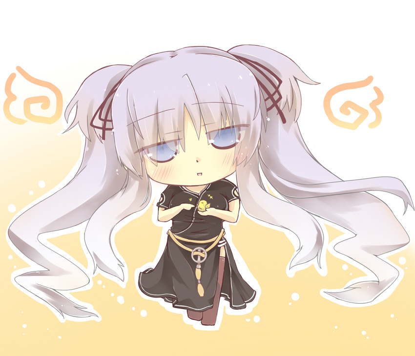 belt bird black_dress blue_eyes blush brown_legwear chibi dress hair_ribbon hazuki_ruu highres mabinogi nao_(mabinogi) open_mouth purple_hair ribbon side_slit smile solo thighhighs twintails