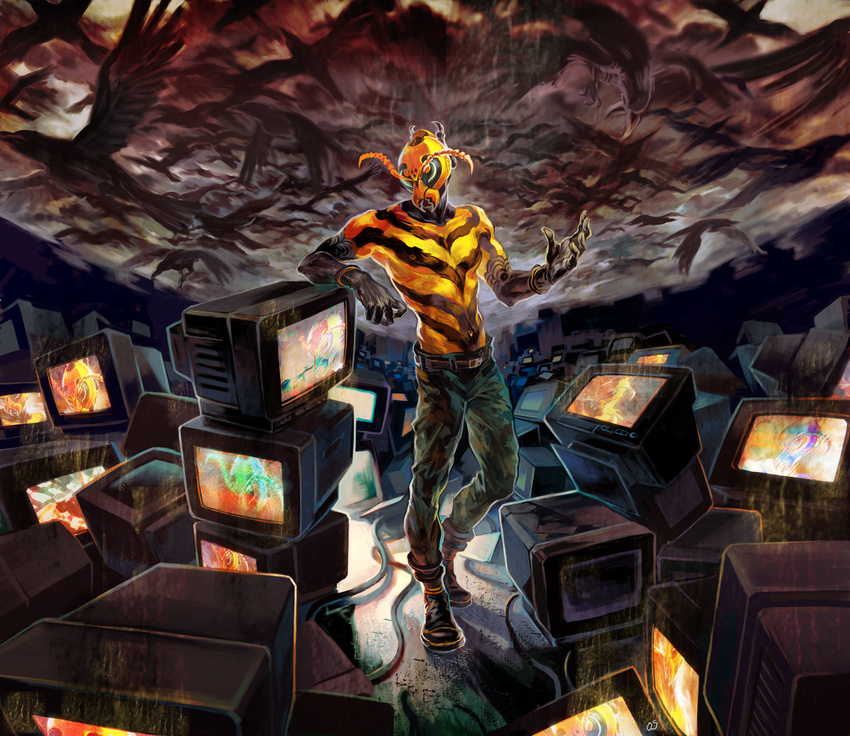 antennae bee belt bird boots bug cable crow gloves highres insect insect_boy iwamoto_zerogo junk magami_series male_focus pants shirtless solo striped television