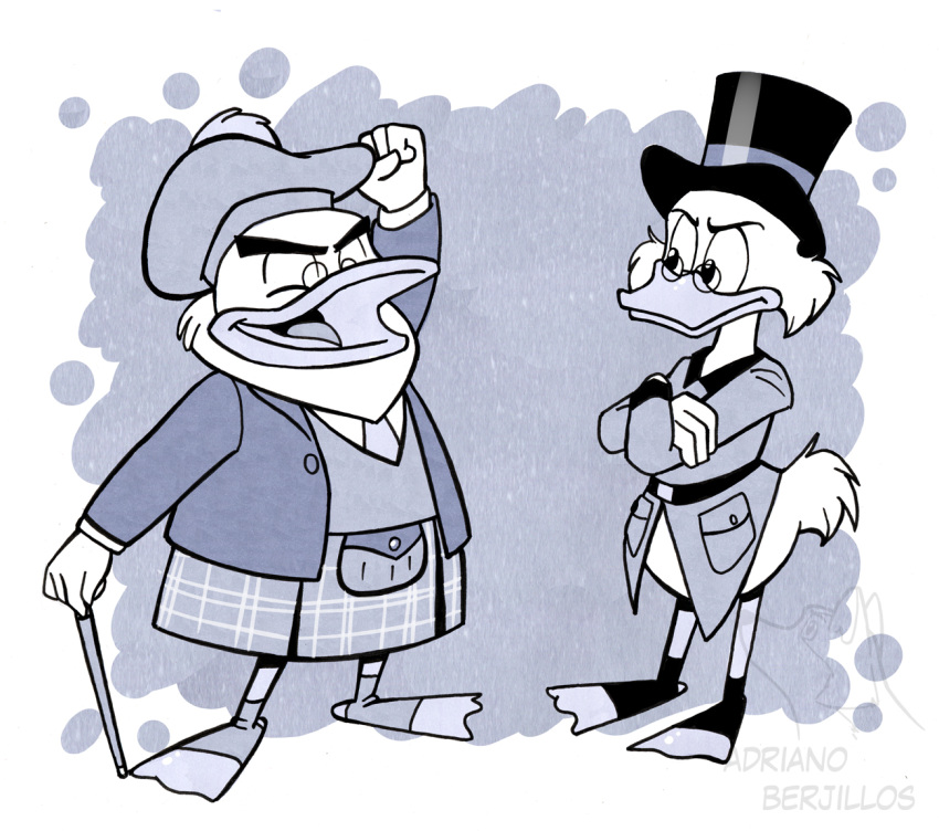 2018 4_fingers abstract_background anthro avian bird bottomless cane clothed clothing corgi_(artist) crossed_arms disney duck ducktales duo eyewear feathers fist_pump flintheart_glomgold glasses greyscale hat kilt male monochrome open_mouth open_smile pince-nez raised_arm scrooge_mcduck smile standing top_hat watermark webbed_feet white_feathers