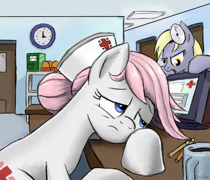 bad_management blonde_hair blue_eyes clock computer cup cutie_mark derpy_hooves_(mlp) doctor door duo equine female feral friendship_is_magic gsphere hair hair_bun hat head_mirror heart_monitor horse hospital lights login long_day_at_work machine mammal mechanical medical mug my_little_pony nurse nurse_hat nurse_redheart_(mlp) pencil pink_hair pony ponytail rooms sad tired tool unknown_artist yellow_eyes