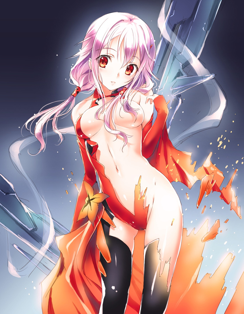 black_legwear breasts dissolving_clothes guilty_crown highres kikurage_(plastic_people) medium_breasts navel purple_hair red_eyes solo thighhighs yuzuriha_inori