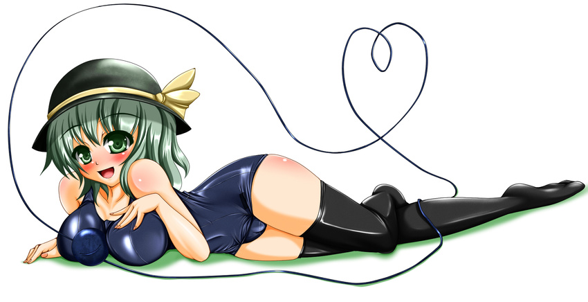 ass bad_id bad_pixiv_id black_legwear blush breasts eyeball green_eyes green_hair hat heart heart_of_string highres komeiji_koishi large_breasts one-piece_swimsuit open_mouth school_swimsuit shiny shiny_clothes short_hair simple_background smile solo swimsuit tera_hiroshi thighhighs third_eye touhou