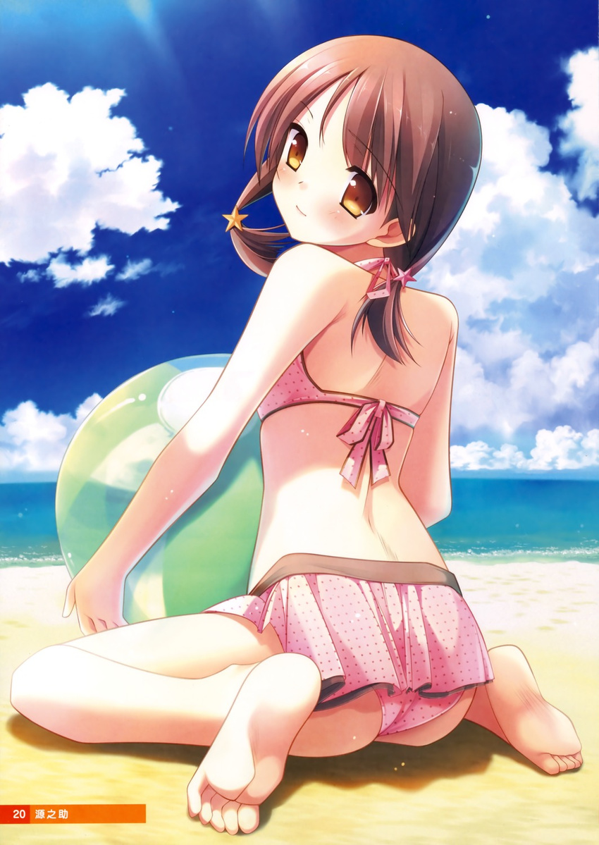 ass back ball bare_shoulders barefoot beach beachball bikini blush brown_hair cloud day feet from_behind gennosuke hair_ornament highres hirosaki_kanade light_smile long_hair looking_back ocean outdoors polka_dot polka_dot_bikini polka_dot_swimsuit sitting sky soles solo swimsuit toes twintails wariza water yellow_eyes your_diary