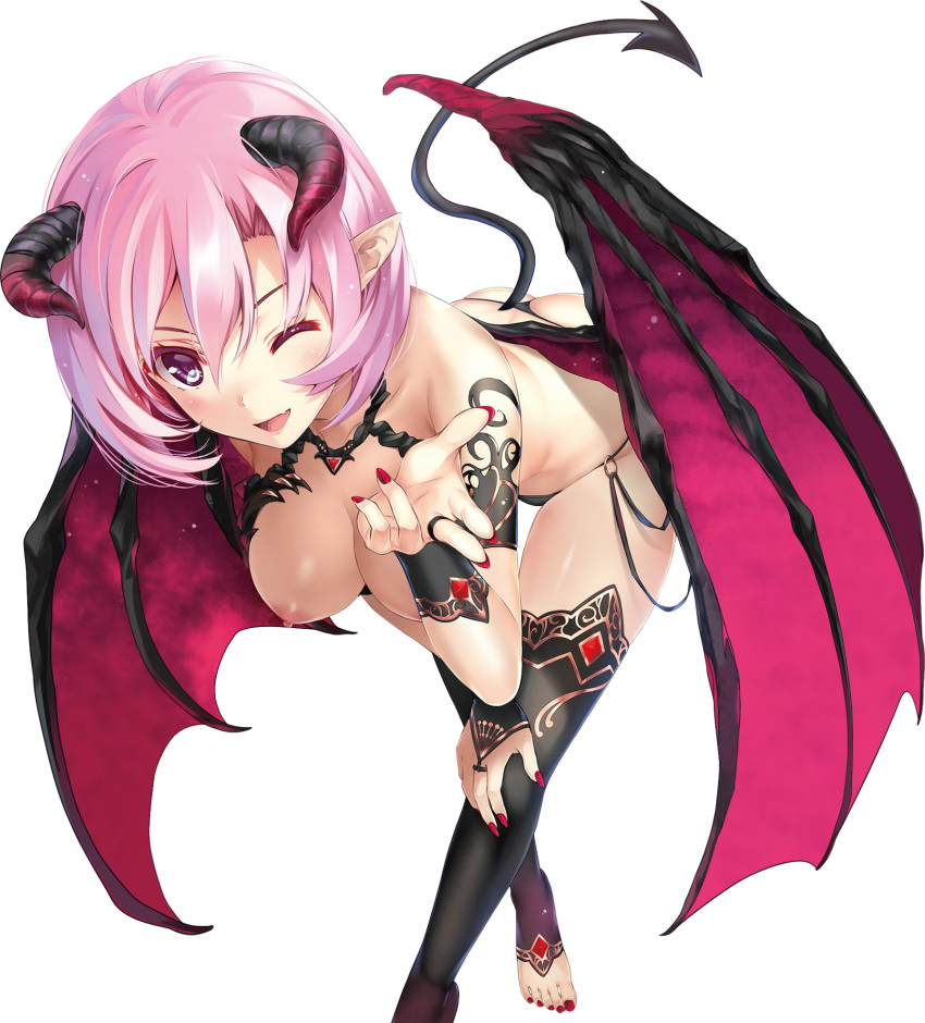 ass bangs bare_shoulders bikini blush breasts bridal_gauntlets comic_aun demon_girl demon_horns demon_tail demon_wings devil feet fingernails highres horns looking_at_viewer misaki_kurehito nipples one_eye_closed original pink_hair pointy_ears purple_eyes shiny shiny_skin short_hair smile solo swimsuits tail tattoo thighhighs toeless_legwear toes transparent_background transparent_png wings