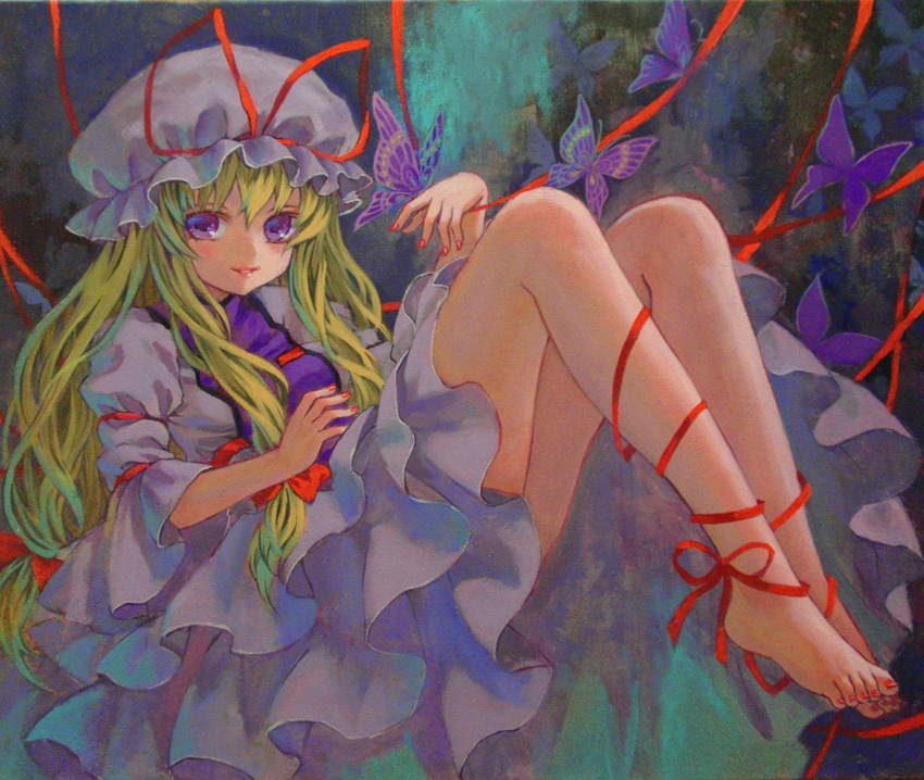 absurdres acrylic_paint_(medium) ama-tou bare_legs barefoot blonde_hair bug butterfly dress feet hair_ribbon hat hat_ribbon highres insect leg_ribbon nail_polish purple_dress purple_eyes ribbon smile solo toenail_polish touhou traditional_media yakumo_yukari