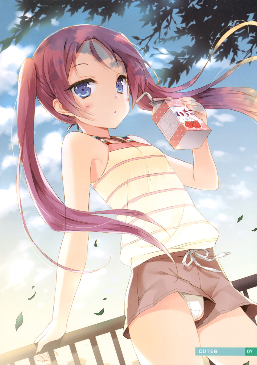 1girl absurdres arm_support bare_shoulders blue_eyes blue_sky blush camisole cloud cuteg flat_chest from_below fujimura_natsuki highres leaf leaning long_hair milk panties panty_peek pantyshot purple_hair railing shorts shorts_aside sky solo strawberry_milk twintails underwear upshorts wardrobe_malfunction white_panties wind wind_lift your_diary