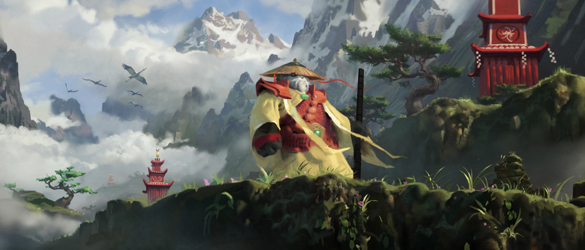 bear blizzard_entertainment bonzai cloth cloud clouds crane grass green green_eyes hi_res male mammal mists_of_pandaria monk mountain oriental panda pandaren plants polearm robe snow staff video_games warcraft wind world_of_warcraft