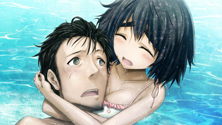 bikini black_hair blush cleavage crying game_cg huke male okabe_rintarou shiina_mayuri short_hair steins;gate swimsuit tears water wet