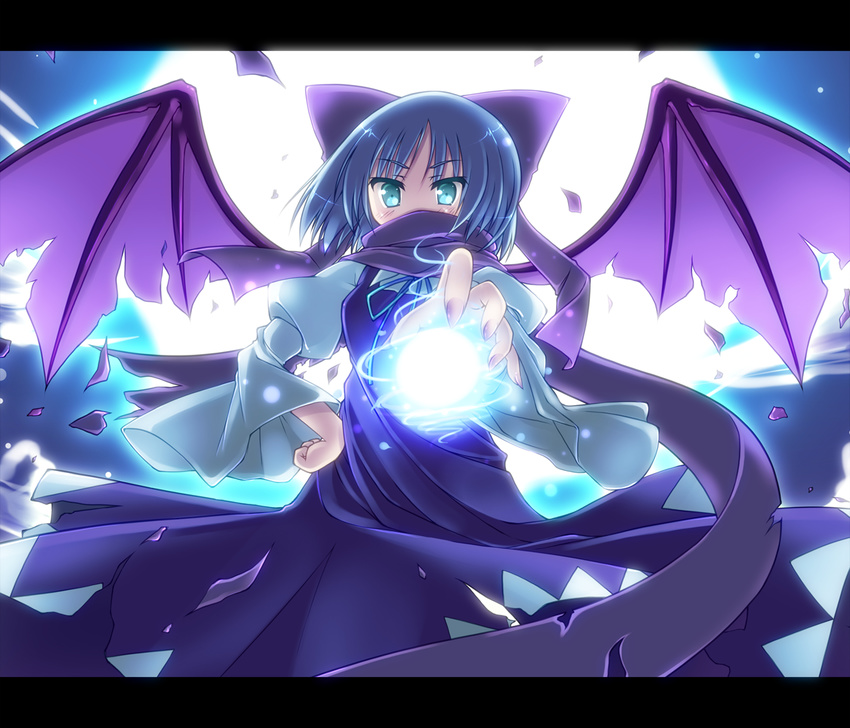 alternate_color alternate_element alternate_wings bad_id bad_pixiv_id bat_wings blue_dress blue_eyes blue_hair blush bow cirno dress fujisaki_kaon hair_bow hand_on_hip moon purple_dress ribbon scarf short_hair solo standing touhou wings