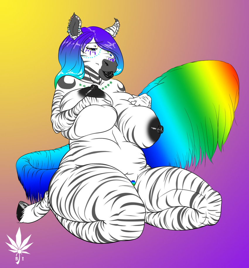 anailaigh anthro big_breasts black black_fur black_nipples blue_eyes breasts canine chubby ear_piercing earring equine facial_markings female fluffy_tail fur hair hooves horse huge_breasts hybrid kneeling lips long_hair mammal markings multi-colored_hair navel nipples nude open_mouth overweight piercing pubes pubic_hair rainbow_hair sickyicky smile solo stripes tail thighs white white_fur wolf zebra