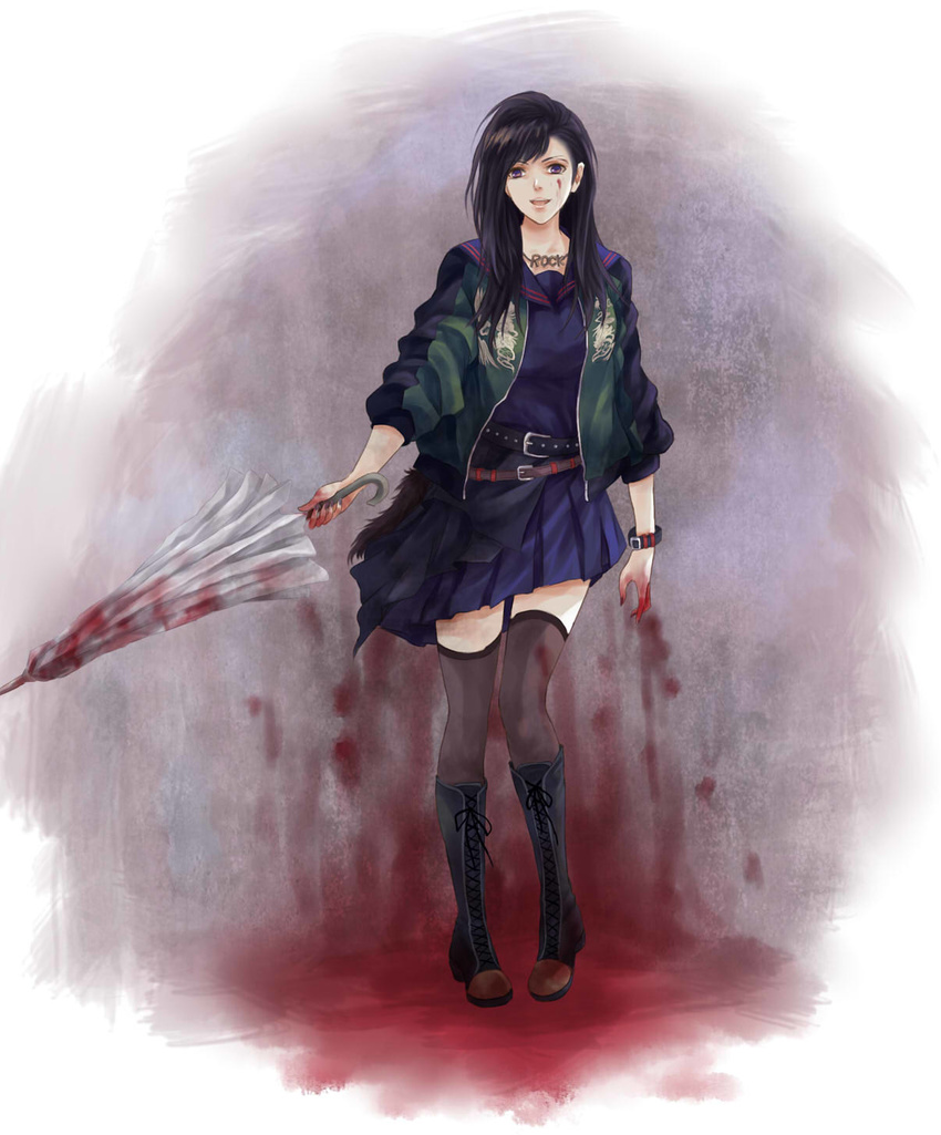 akb48 bad_id bad_pixiv_id belt black_hair black_legwear blood boots bracelet gekikara_(majisuka_gakuen) highres jacket jewelry long_hair looking_at_viewer majisuka_gakuen matsui_rena necklace open_mouth pengnangehao pleated_skirt purple_eyes school_uniform serafuku ske48 skirt sleeves_pushed_up smile solo standing thighhighs umbrella yankee zettai_ryouiki